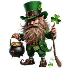 St Patrick's Day Leprechaun with Clover and Gold, isolated transparent background, png