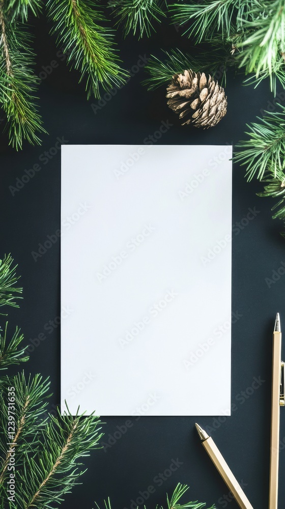 Poster blank paper surrounded by pine branches and decorative elements for seasonal crafts and holiday note