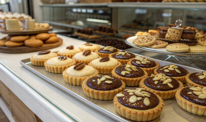 Assorted tarts and pastries on display in a bakery