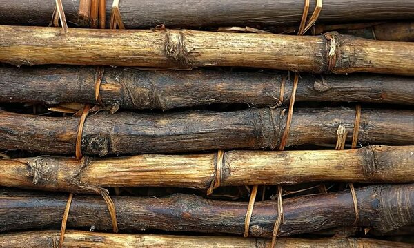 Close-up view of tightly bundled wooden sticks arranged in a rustic pattern, showcasing natural textures