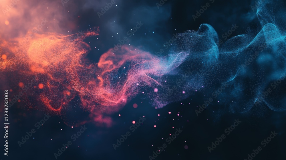 Poster two colorful particle clouds are colliding and mixing, creating a dynamic abstract composition with 