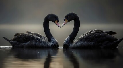Obraz premium Two black swans are swimming in a pond, their heads