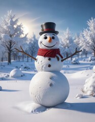Naklejka premium Frosty landscape with happy snowman in winter wonderland, snowy mountain, serene landscape, peaceful atmosphere