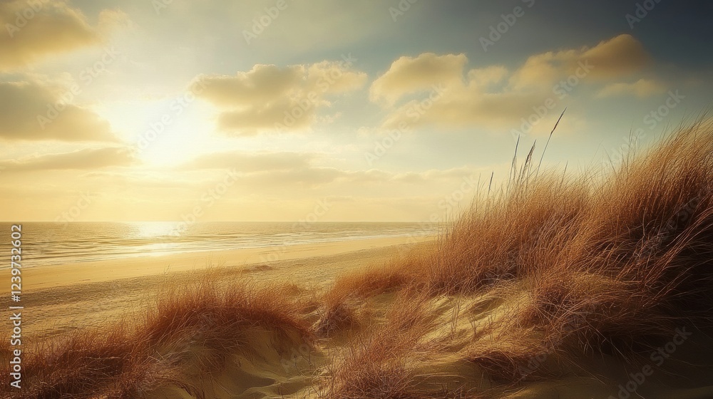 Leinwandbilder beautiful sunset over tranquil beach with gentle waves and soft grass along the shore creating a pea
