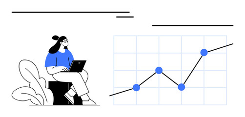 Woman working on a laptop beside a line chart showing growth and data points. Ideal for business analytics, data trends, finance, education, productivity, strategy, abstract line flat metaphor