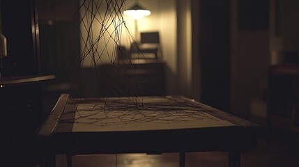  Mysterious detective investigation board with intricate web of connections. Dimly lit room and blurred background emphasize the shadowy figures and complex clues.