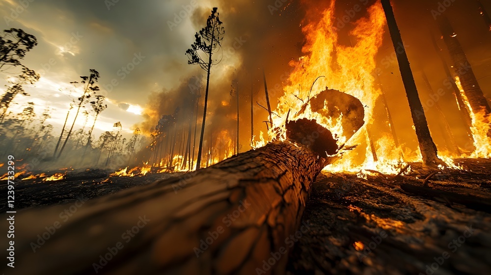 Poster a collapsing burning tree surrounded by raging flames that are rapidly engulfing the vegetation in a