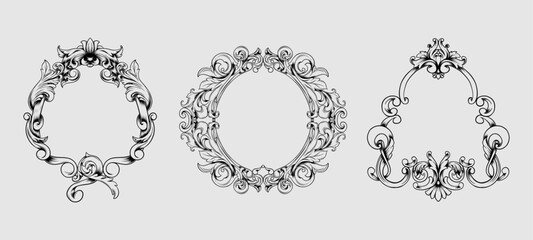 set of hand drawn black and white ornamental engraved frames in vintage style