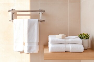 Contemporary bathroom setup with sleek chrome towel warmer and organized towels in neutral tones