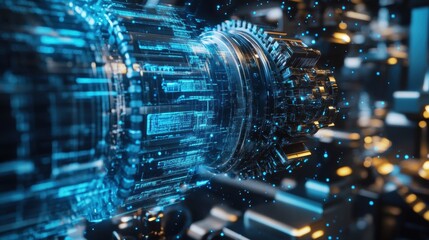 Fototapeta premium Complex rotating gears and interconnected components symbolize innovative manufacturing processes, enhanced by digital data flow and futuristic technology in a dynamic scene
