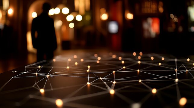  Mysterious detective investigation board with intricate web of connections. Dimly lit room and blurred background emphasize the shadowy figures and complex clues.