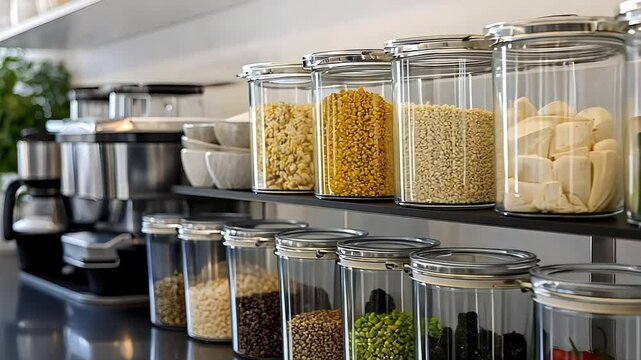 Organized pantry with glass jars filled with various grains, beans, and other food items. Modern kitchen storage solution.