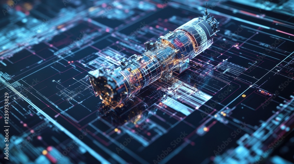 Aufkleber a medium closeup on a digital interface displaying complex satellite designs and engineering schemat