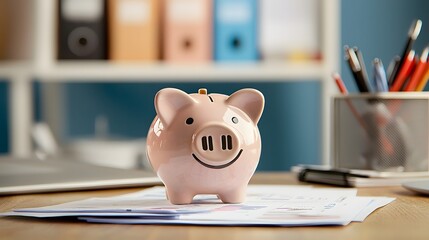 A focused startup financial strategy workspace featuring a pink piggy bank business reports and various office supplies and organization tools showcasing the concept of financial planning investment