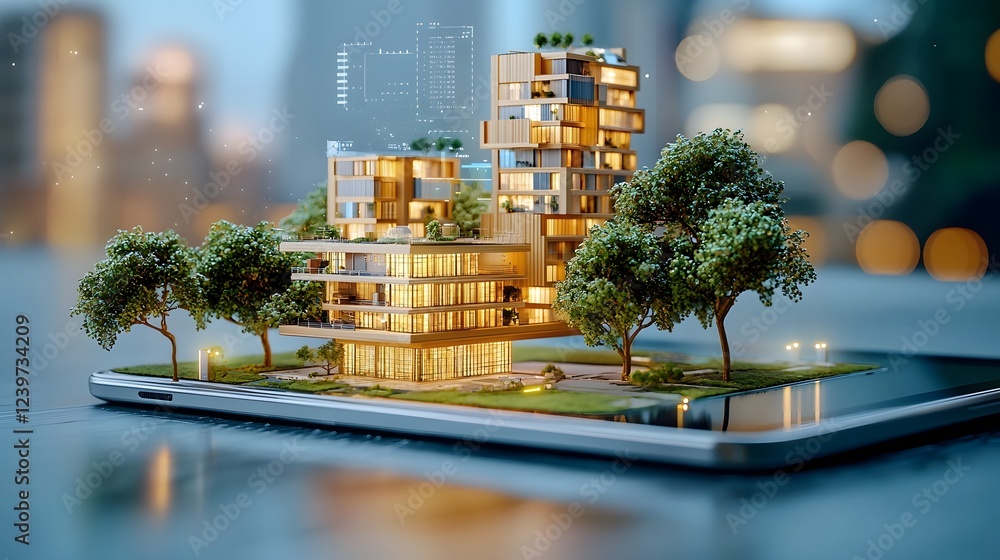 Aufkleber A futuristic architectural landscape showcasing a cutting edge data driven business environment with a holographic augmented reality interface for analytics and review  The scene features a modern