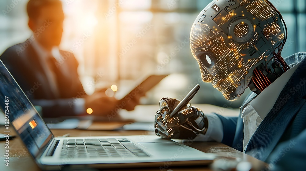 Poster a group of business professionals utilizing ai powered chatbot technology to enhance their collabora