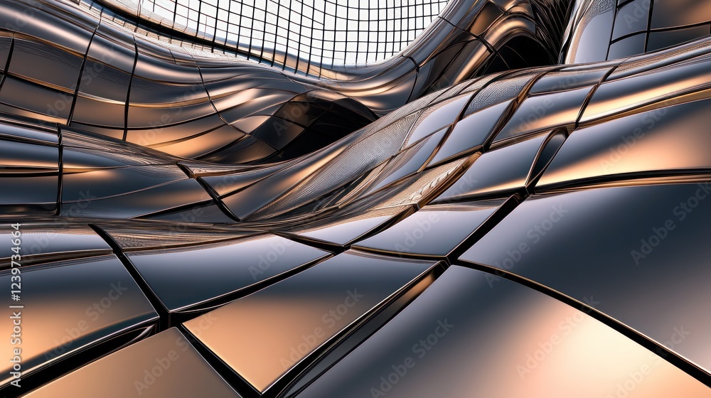 Poster Abstract metallic surface with a reflective futuristic wave design and grid pattern