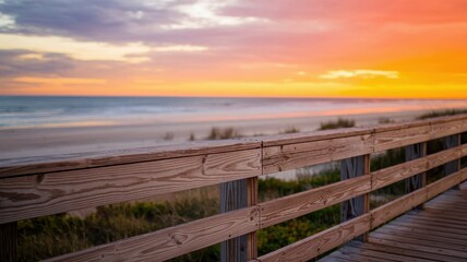 Obraz premium A serene sunset view over the beach, with vibrant orange and pink hues lighting up the sky, seen from a wooden boardwalk.