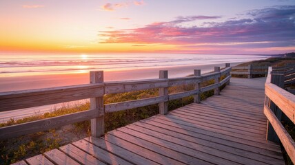 Obraz premium A serene sunset view from a wooden boardwalk leading to a tranquil beach, with vibrant hues of orange, pink, and purple reflecting on the water.