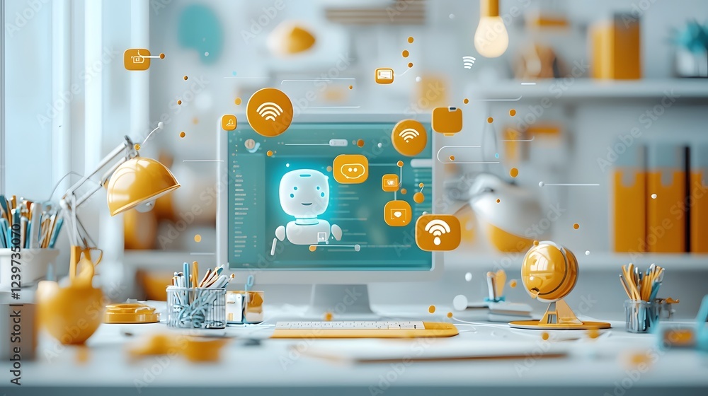 Aufkleber A high tech digital workspace with an advanced computer interface and chatbot notifications appearing to float in midair showcasing a futuristic and innovative office environment