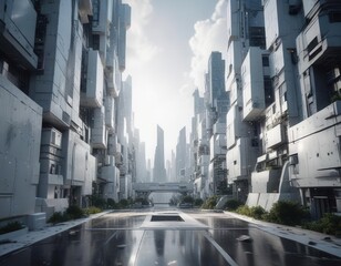 Fototapeta premium futuristic cityscape with abstract white square shape at center, grid, aerospace, square