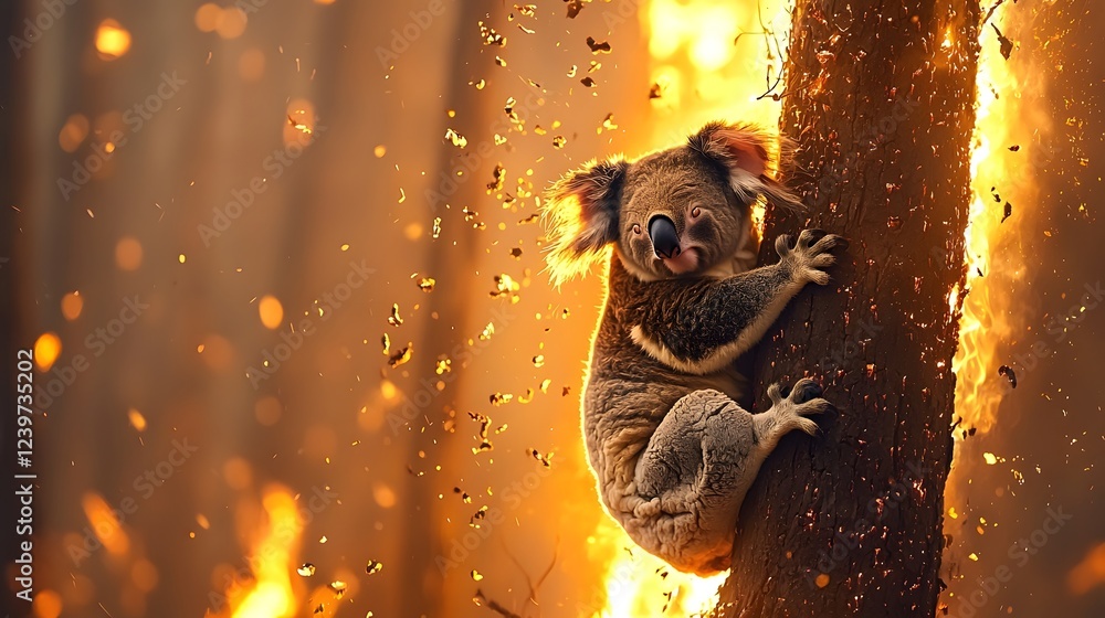 Poster a koala desperately clinging to the trunk of a tree surrounded by raging flames falling ashes and a 