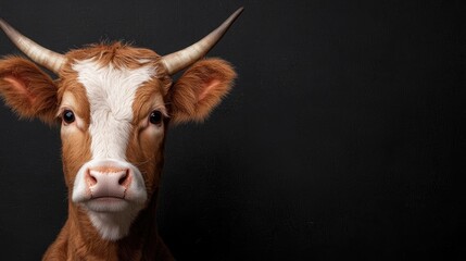 Young cow portrait, dark background, farming, livestock