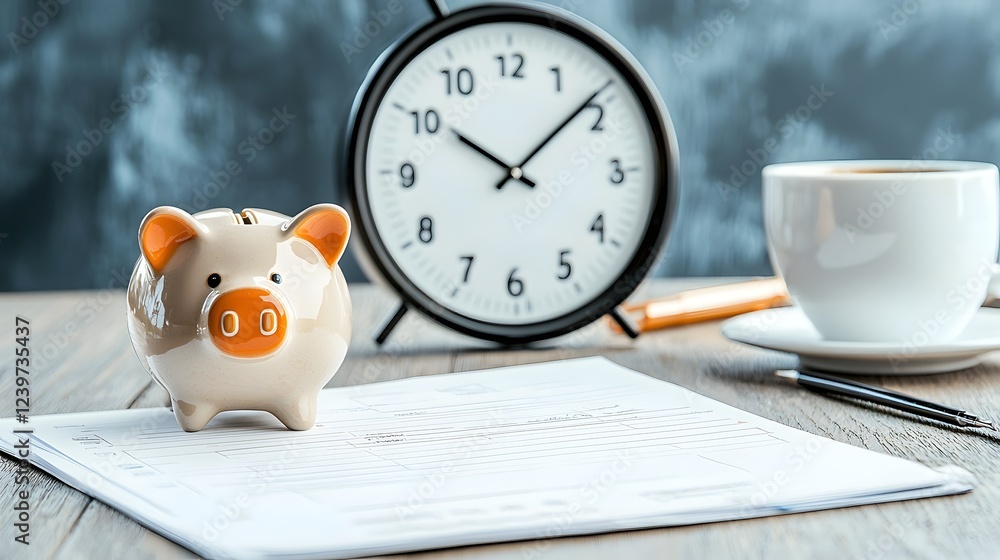 Poster a minimalist financial planning setup featuring a piggy bank and a cup of coffee neatly arranged on 