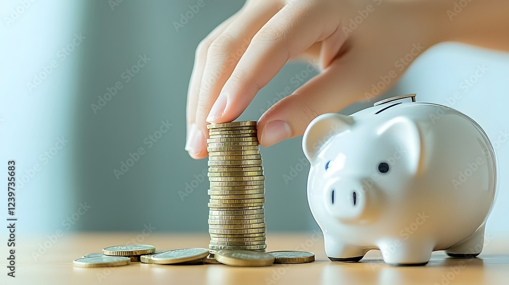 Poster a person s hand carefully stacking coins next to a piggy bank highlighting the power of saving money