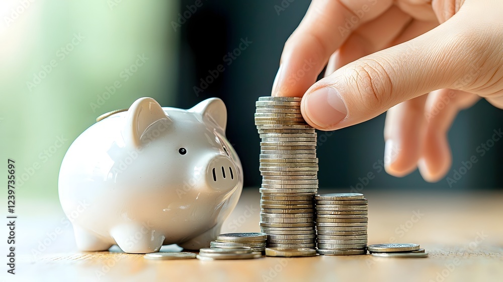 Poster a person s hand carefully stacking coins next to a piggy bank demonstrating the power and importance