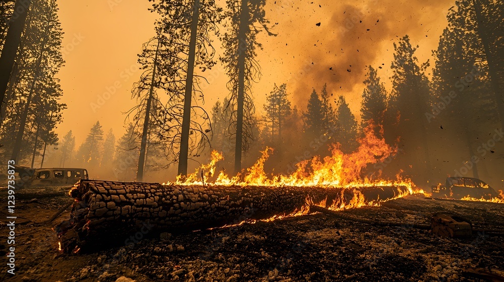 Poster a raging wildfire rages through a forest with a fallen tree burning intensely in the center sending 