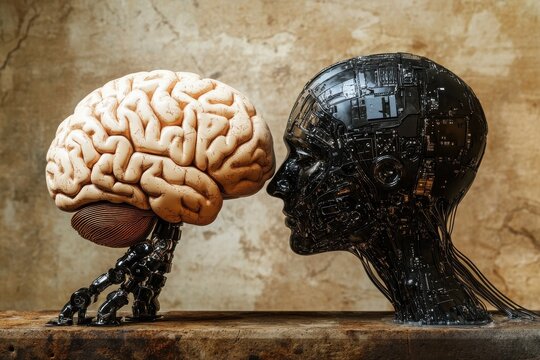 A brain and a robotic head face each other, symbolizing the intersection of human intelligence and artificial intelligence.