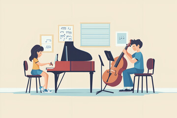 Flat design of a child learning to play a musical instrument in a class. Vector illustrations concept