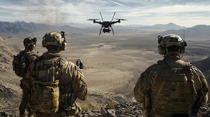 A specialized military team using their own tactical drones to counter and neutralize enemy unmanned aerial vehicles UAVs during a covert combat The team is equipped with high tech gear and employing