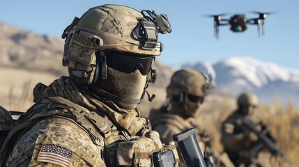 A team of highly trained infantry soldiers carefully navigating the rugged terrain using the natural landscape as cover and concealment to avoid detection from an AI controlled drone overhead