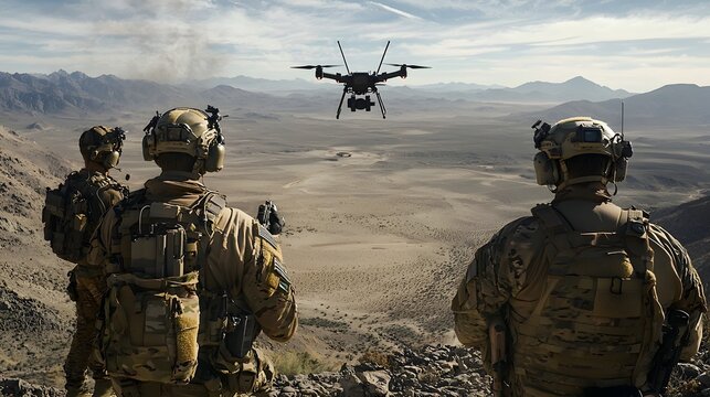 A specialized military team using their own tactical drones to counter and neutralize enemy unmanned aerial vehicles UAVs during a covert combat The team is equipped with high tech gear and employing