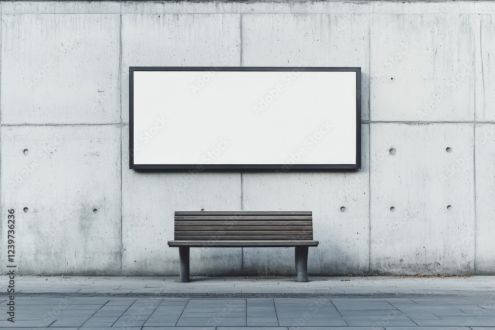 Poster empty billboard display and wooden bench against a concrete wall in an urban setting during daylight