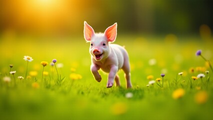 A playful baby piglet dashes through a lush green meadow, bathed in warm sunlight. Vibrant colors, wildflowers, and a joyful atmosphere create a lively countryside scene.