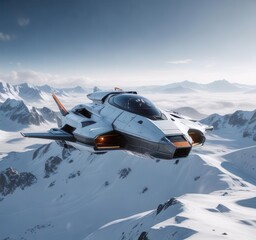 Obraz premium Futuristic spaceship hovering above a snowy landscape, white space, aircraft,