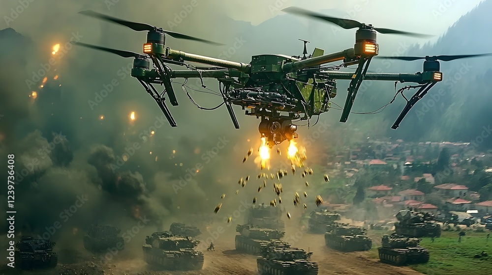Poster aerial combat drones equipped with explosive payloads launching an aerial assault on heavily armored