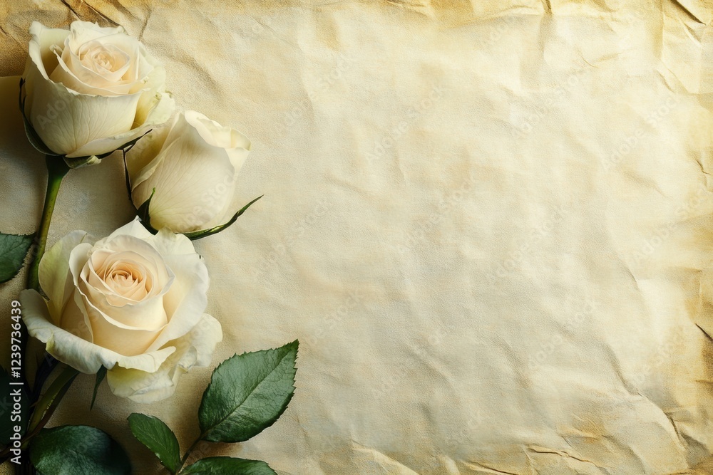 Poster soft white roses on crinkled parchment background creating a serene and elegant atmosphere for any o