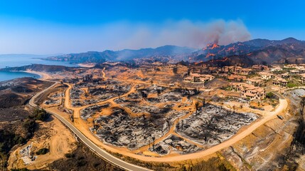 Aerial panoramic shot of a wildfire s destructive path across a once thriving landscape with smoke billowing flames consuming buildings and a ruined cityscape in the aftermath