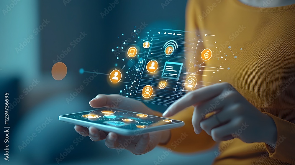 Aufkleber AI Powered Customer Feedback Interface on Mobile Device with Digital Icons and Infographic Elements Showcasing Data Visualization and Insights