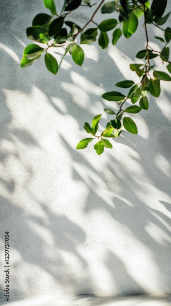 Poster sunlight casting shadows through green leaves on a textured white wall in a serene indoor setting. g