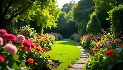 Obraz premium A breathtaking garden filled with vibrant, colorful flowers in full bloom, surrounded by lush greenery and towering trees. A winding stone path leads through the garden, with butterflies fluttering an