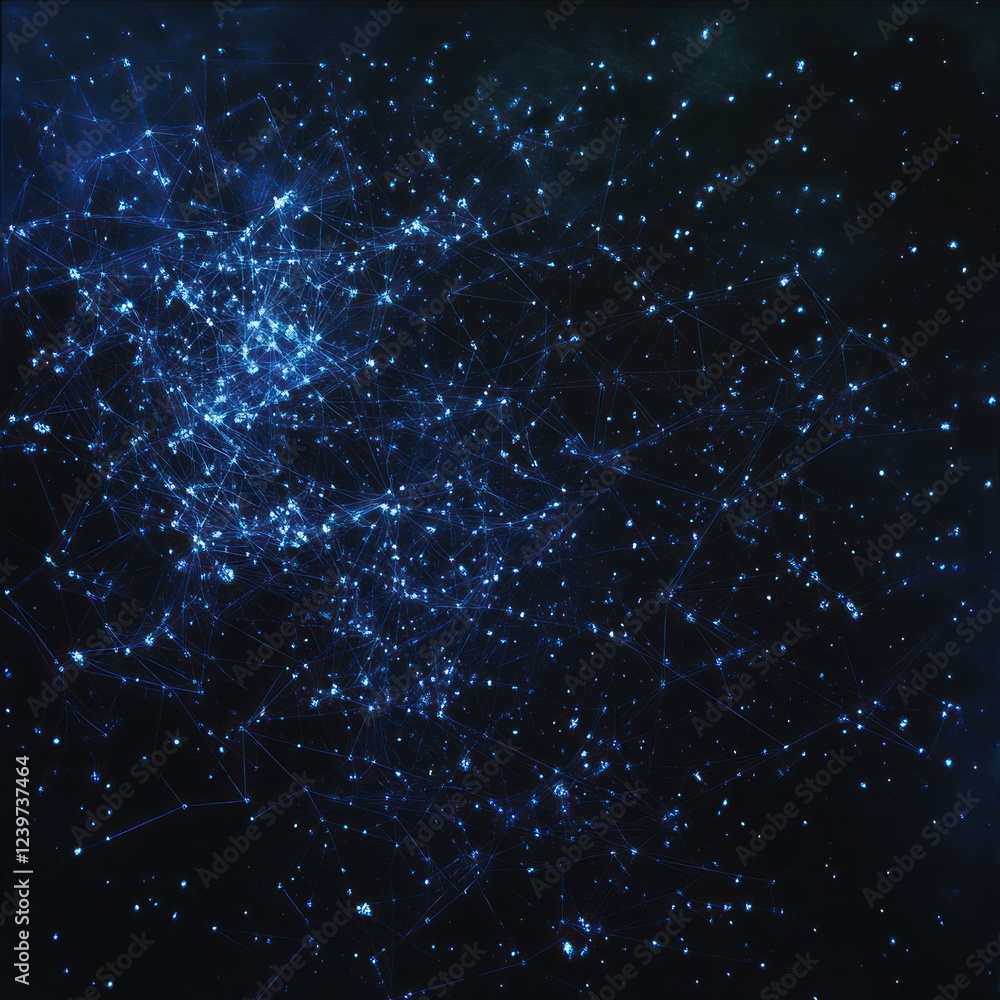 Poster a network of blue light points is connected by lines on a dark background for presentations