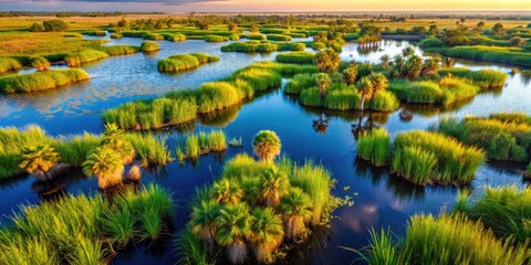Naklejka premium Aerial drone photography reveals a breathtaking African wetland, showcasing dense papyrus reeds in high resolution.