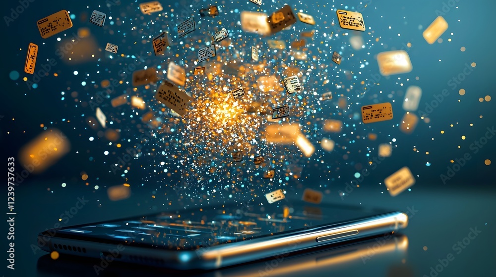 Leinwandbilder Captivating digital explosion of dazzling particles and glittering bursts emerging from a smartphone screen in a dark mode user interface creating a dynamic and mesmerizing visual effect