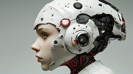 Fototapeta premium Captivating portrait of a pensive futuristic looking AI powered robotic child with a thoughtful contemplative expression