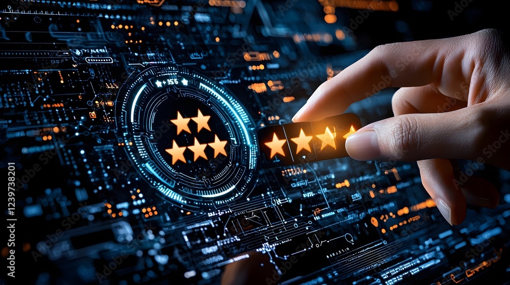 Fototapete close up of a human hand interacting with a sleek futuristic digital interface to select a 5 star ra